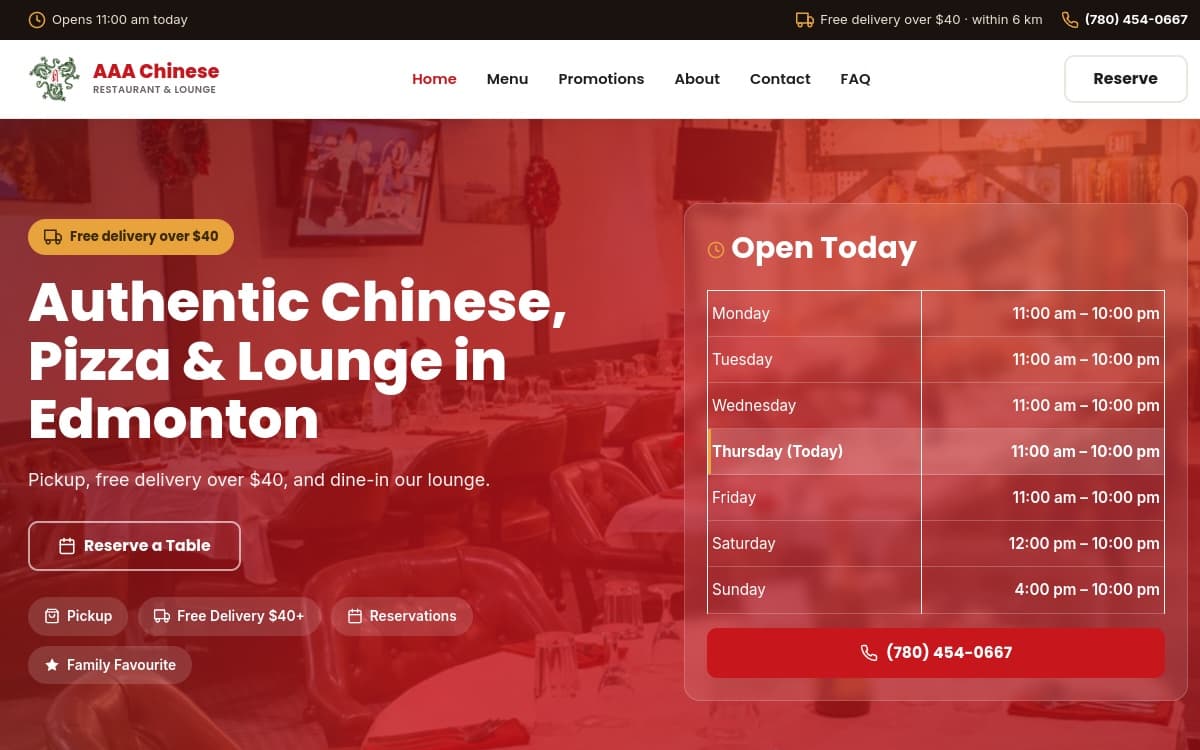 AAA Chinese Restaurant & Lounge website hero section