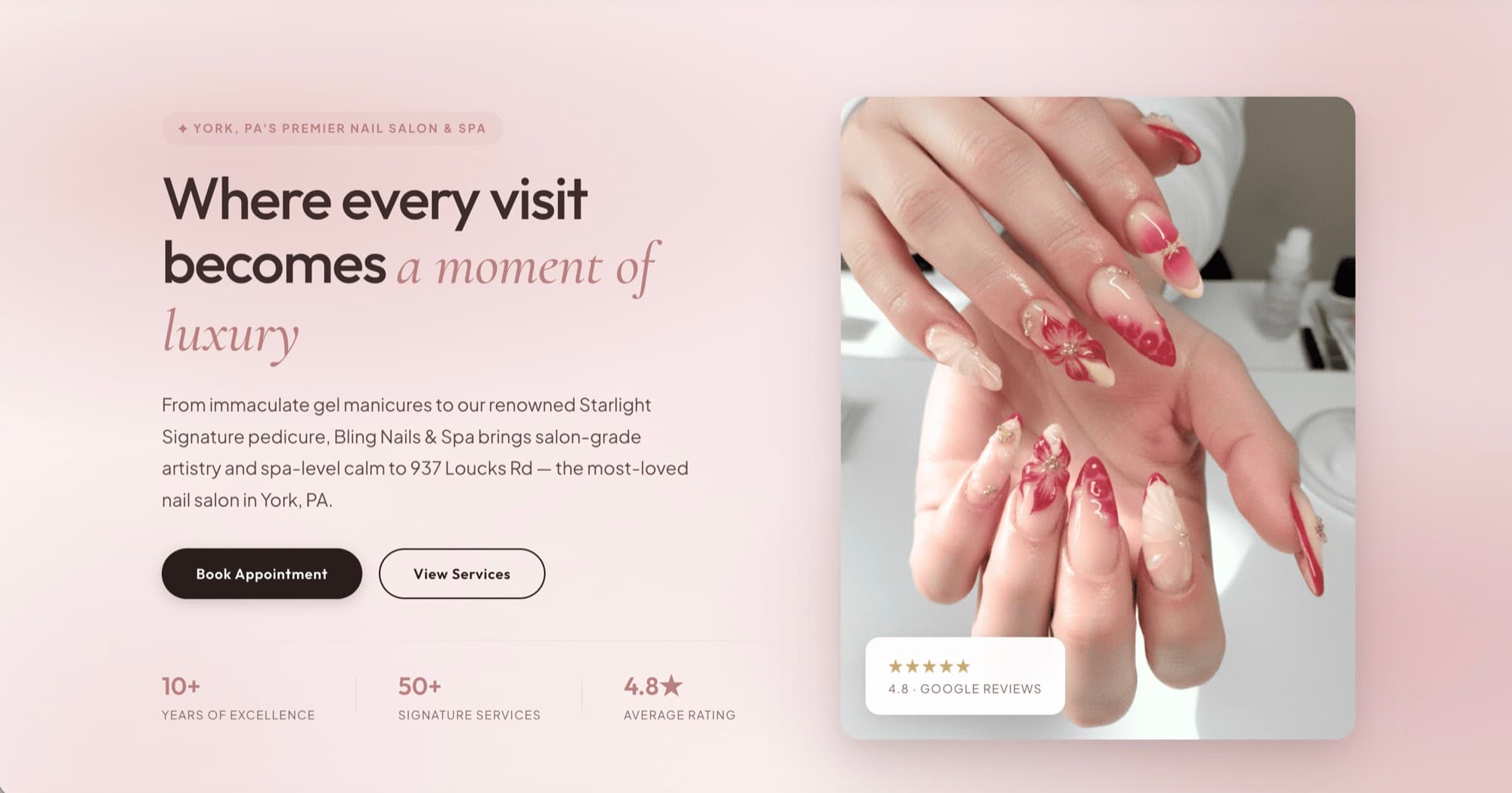 Bling Nails & Spa website hero section