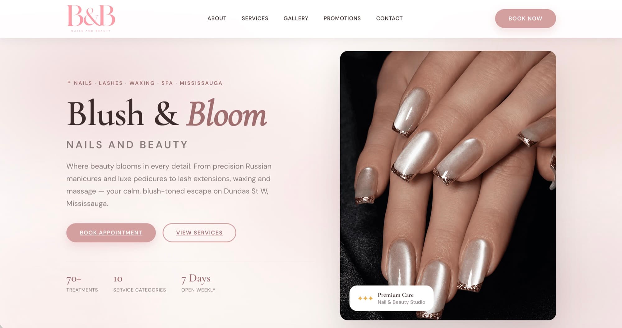 Blush & Bloom Nails & Beauty website hero section