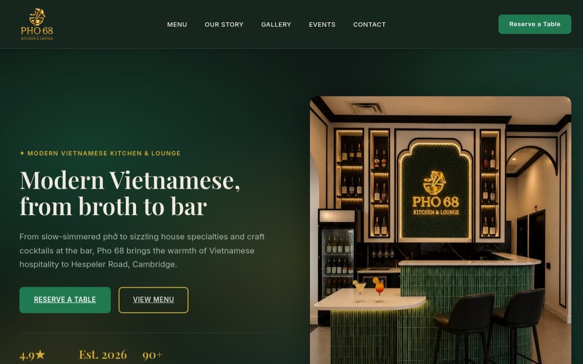 Pho 68 Kitchen & Lounge website hero section