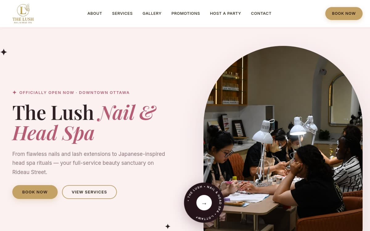 The Lush Nail & Head Spa website hero section